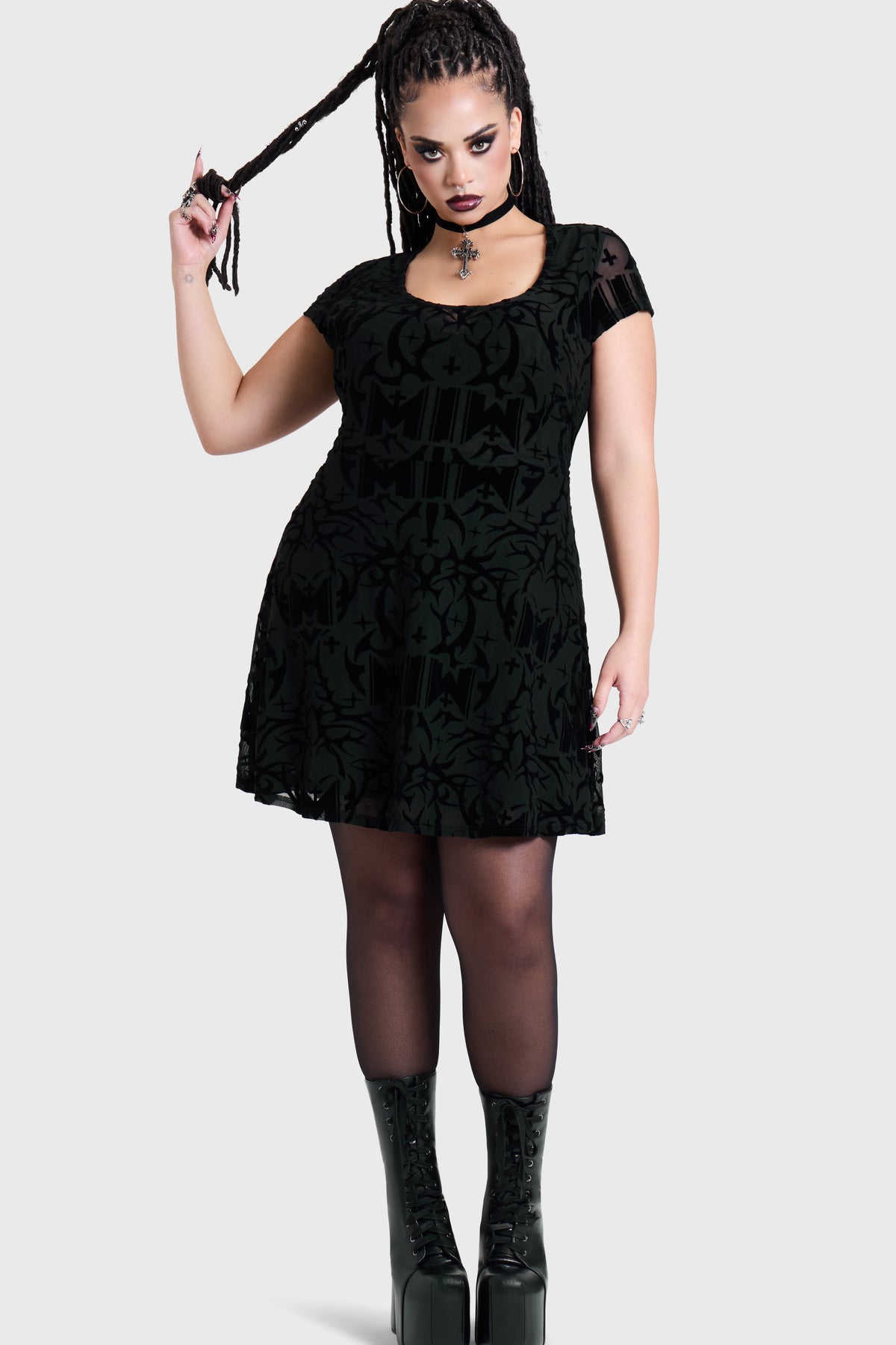 ETERNALLY YOURS FLOCKED MESH SKATER DRESS