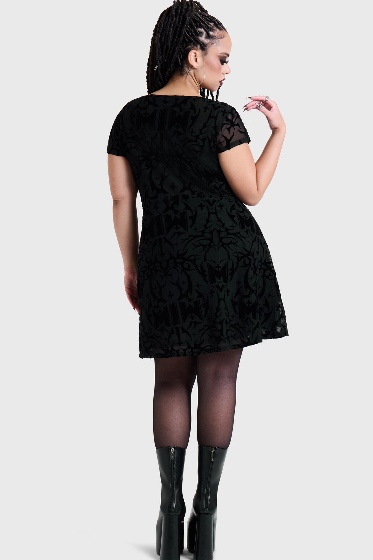 ETERNALLY YOURS FLOCKED MESH SKATER DRESS